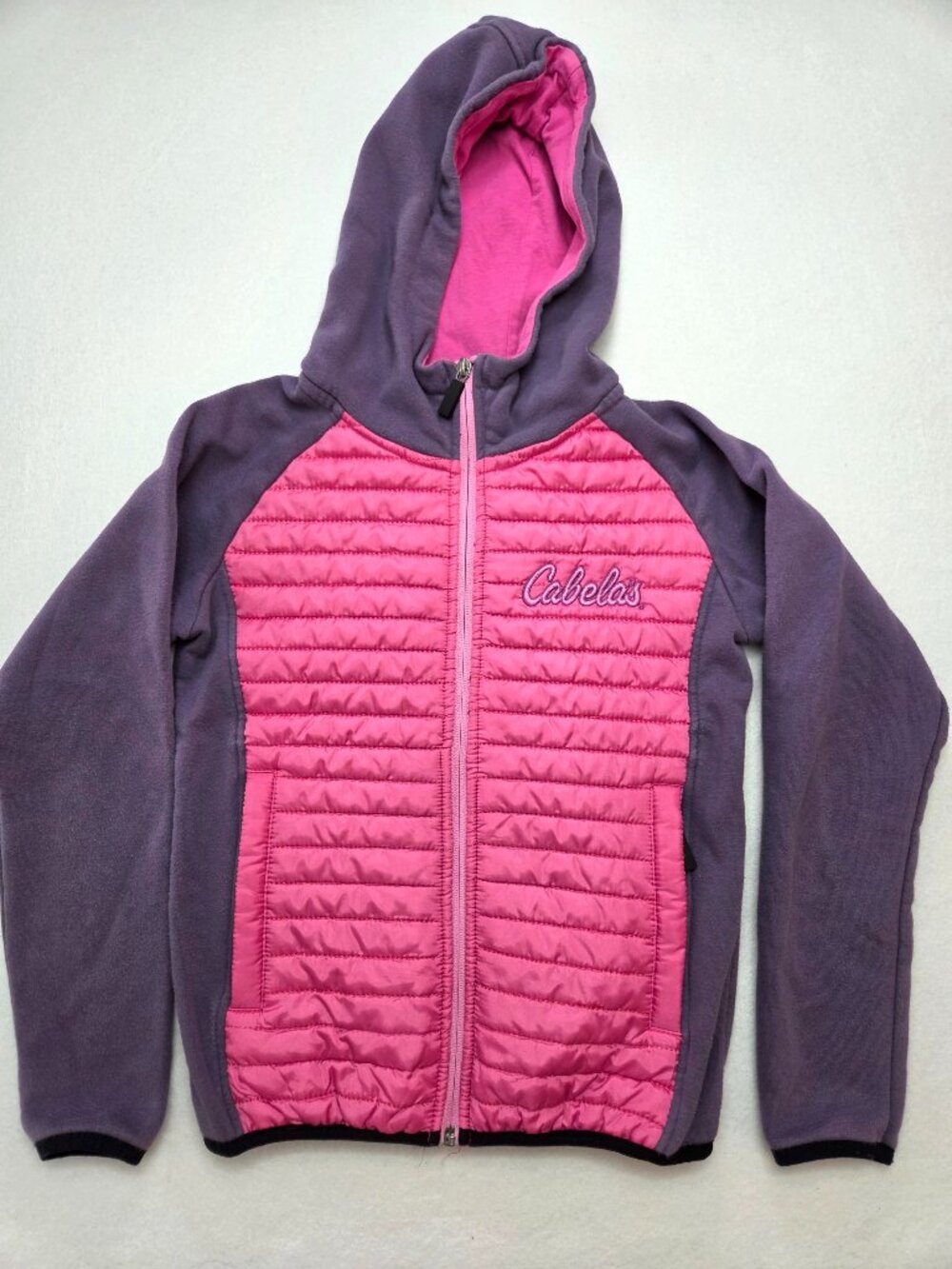 Cabela’s Kids Small Pink Purple Hybrid Puffer Fleece Hooded Jacket Outdoor